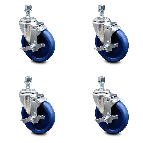 5 Inch Solid Polyurethane Swivel 12mm Threaded Stem Caster Set with Brake